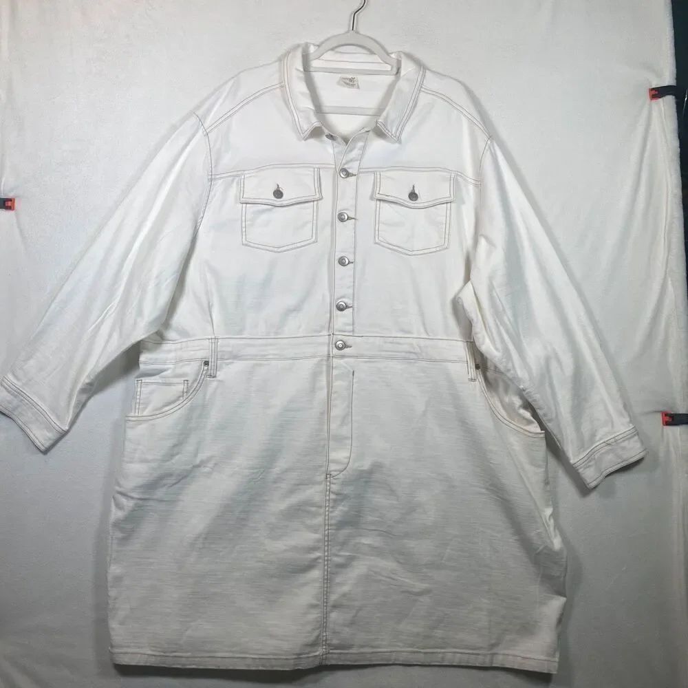 Terra & Sky Women’s Plus White Denim Dress Button Front Pockets NWT